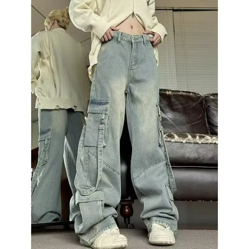 Novo estilo americano calças de rua alta multi-bolso cinta jeans feminino outono vintage solto carga calças de perna larga