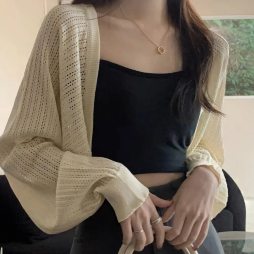 

Элегантная полая вязаная шаль с длинными рукавами, свободный вязаный крючком топ, плащ, тонкий вязаный кардиган для женщин