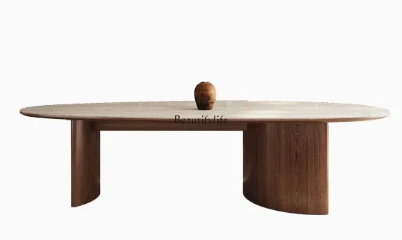 

ld25Light French medieval style water drop-shaped travertine rock slab dining table black walnut solid wood household dining tab