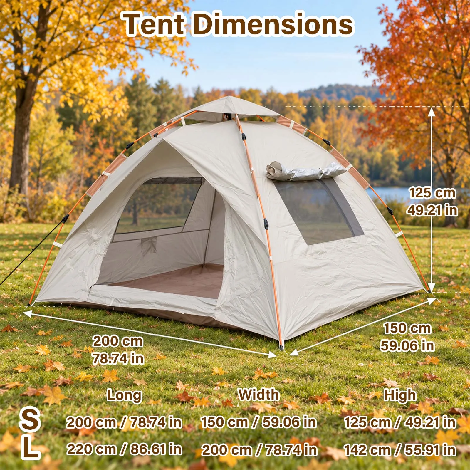 Pop Up Camping Tent Automatic Instant 2 Person Gray Dome Tent 2 Doors 2 Mesh Windows for Fall Forest Camping Cozy Outdoor