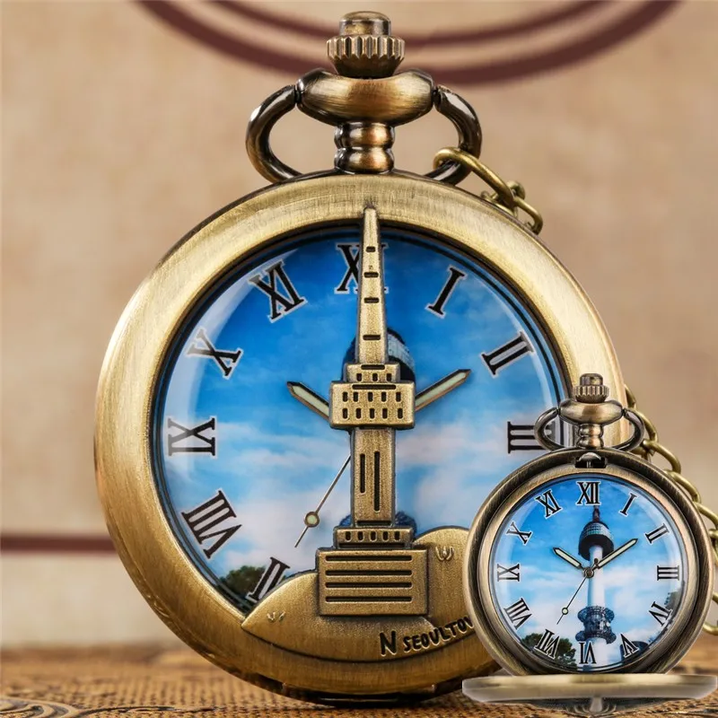 Vintage Pocket Watch with N Seoul Tower Pattern Men Women Analog Quartz Watches Collectable Clock Necklace Chain Gift reloj