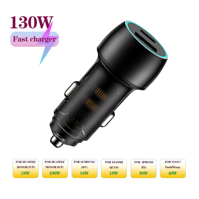 

MAX 130W Transparent Design 2 Port Car Charger with PD30W QC3.0 Super Fast Charging USB car Cigarette Lighter Adapter For phones