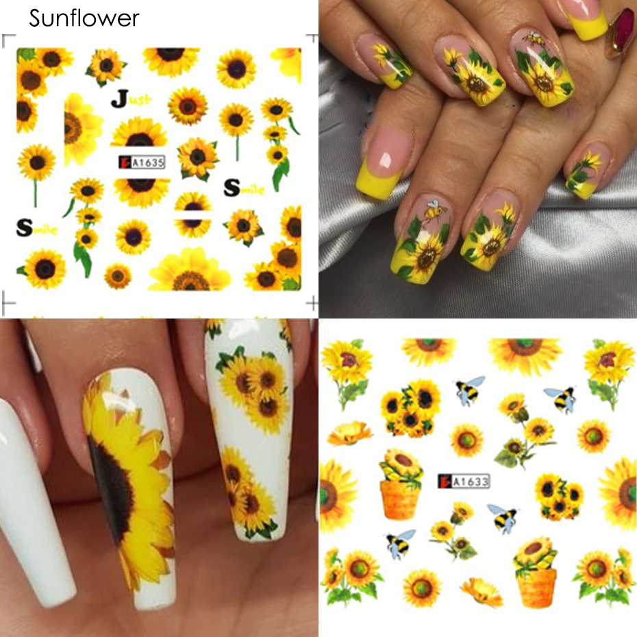 12 modelli girasole Nail Water decalcomanie fiori gialli cursori per unghie trasferimento adesivo floreale farfalla Bee Manicure Wraps