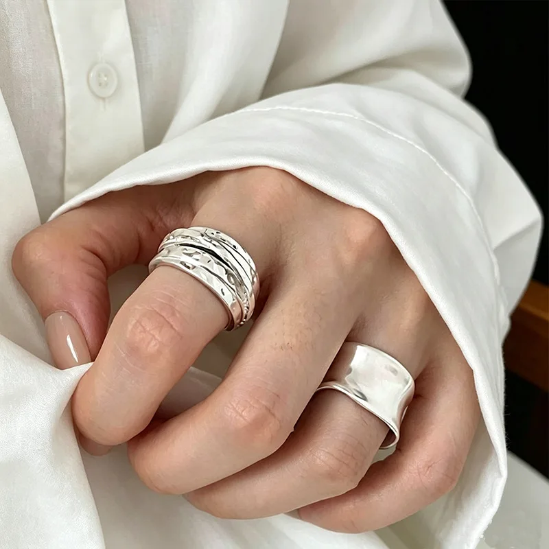 Ring Matte Wide Band Irregular Wrap Open Adjustable Index Finger Silver Tone Alloy Premium Unique Minimalist Jewelry for Women