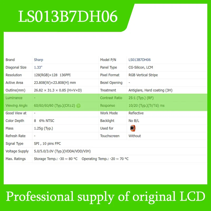 Écran LCD de 1.33 Pouces Entièrement Testé, Livraison Rapide, LS013B7DH06