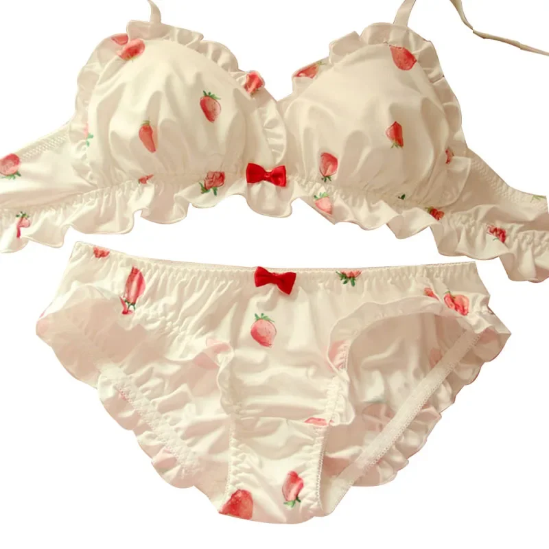 

Strawberry Cute Japanese Milk Silk Bra & Panties Set Wirefree Soft Underwear Set Kawaii Lolita Bra and Panty Set Pink Lingerie