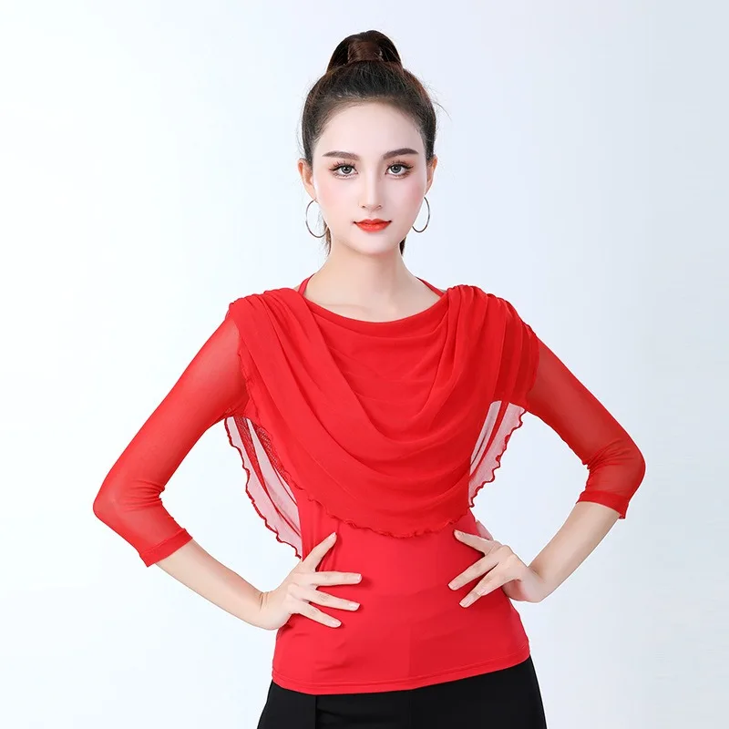 Women Short Sleeve Slim Fit Mesh Ruffle Tassel Latin Dance Top Cha Tango Samba Ballroom Dance Practice Performance Costume