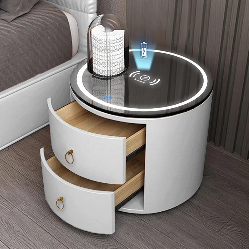 

Round Bedside Table Leather Italian Light Luxury Nightstand Modern Simple Leather Rock Tempered Storage Cabi Bedroom Furniture