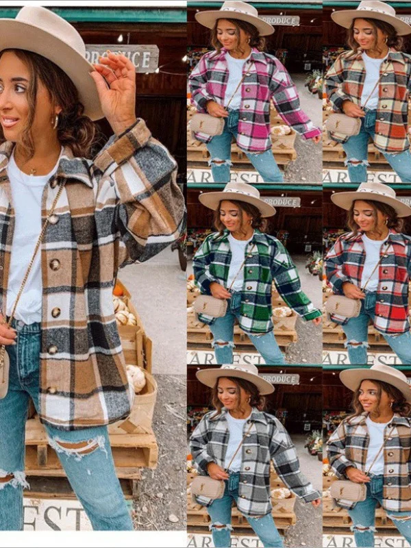 

Свободный женский жакет с длинными рукавами и отложным воротником, повседневная удобная верхняя одежда, модная осенняя модель с клетчатым узором и застежкой на пуговицах