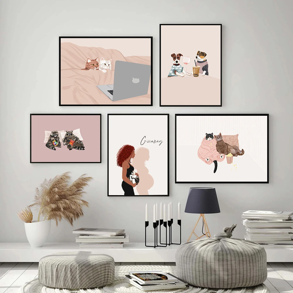 

Cute Cats Couple Wall Art Poster and Print Funny Animal Raccoon Dog Canvas Painting Girl Cat Pictures for Living Room Home Decor