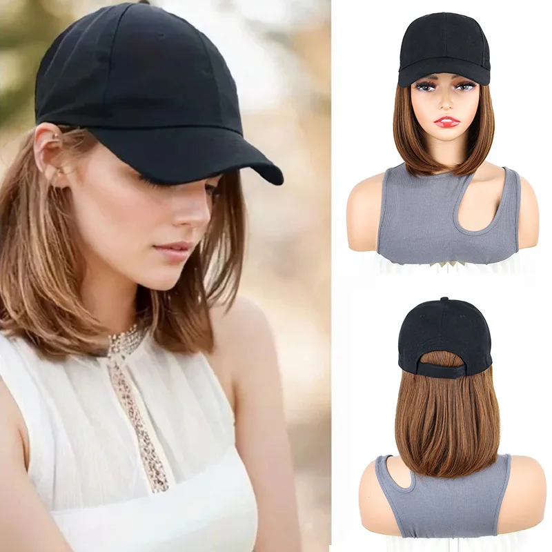 Synthetic Short Straight Bobo Hat Wigs Baseball Cap Adjustable Black Brown Hairpiece for Women