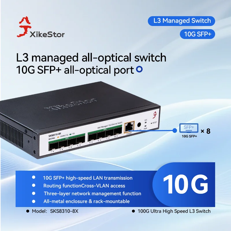 XikeStor 3層管理フル10Gスイッチ、コスト効率の良いスイッチ、8つの1G/2.5G/10G SFP+光ポート + 1つのRJ45コンソール管理ポート