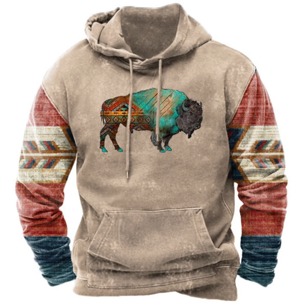 2023 New Men\'s Hoodie Vintage Cow Printed Oversized Hooded Sweatshirt Pullover Casual Streetwear Tops Male Harajuku Hop Clothes