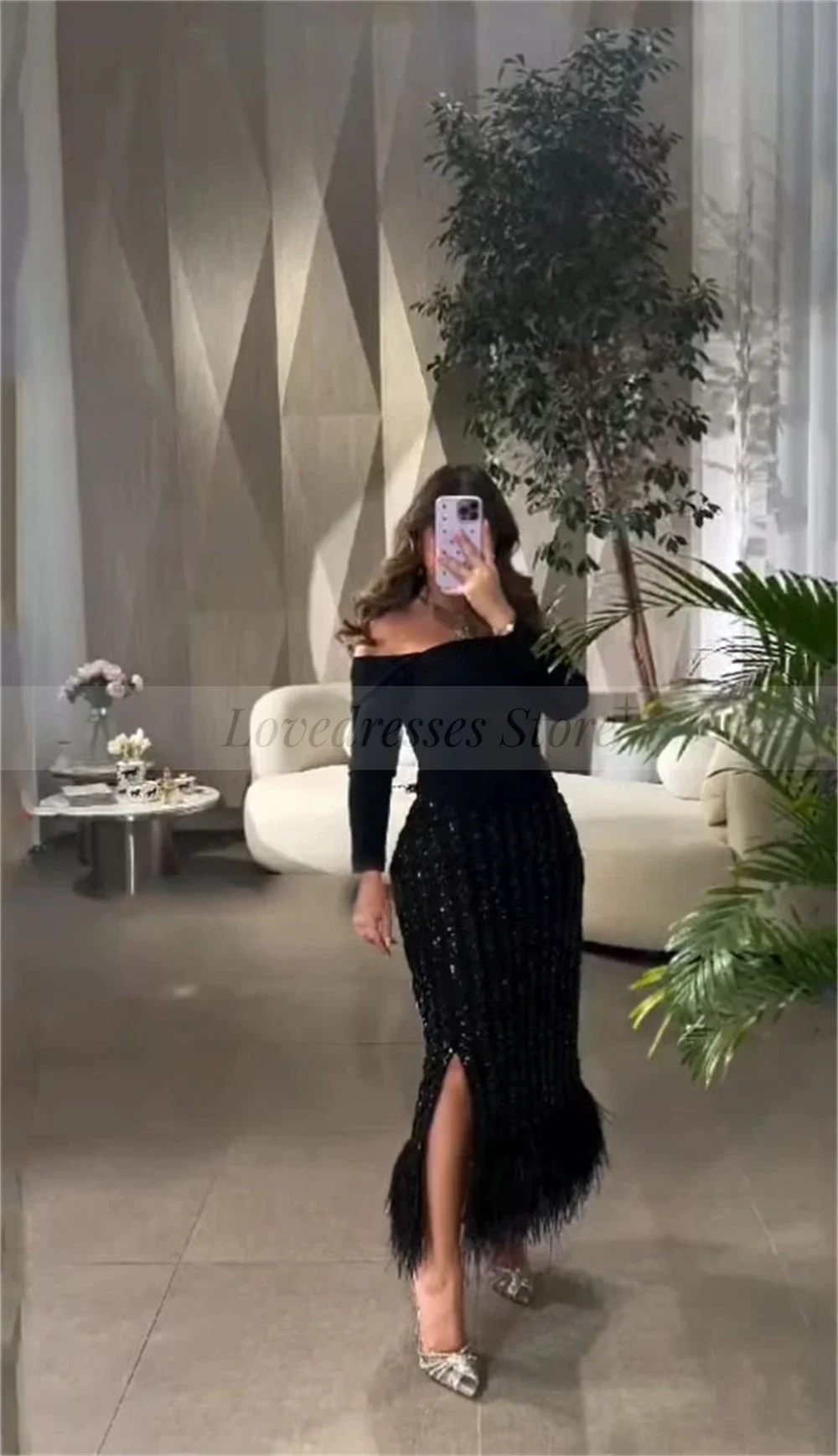 Customized Off Shoulder Lace Straight Evening Dress Long Sleeve Feathers Patchwork Ankle-Leng Side Split Prom Gown فساتين الحفل