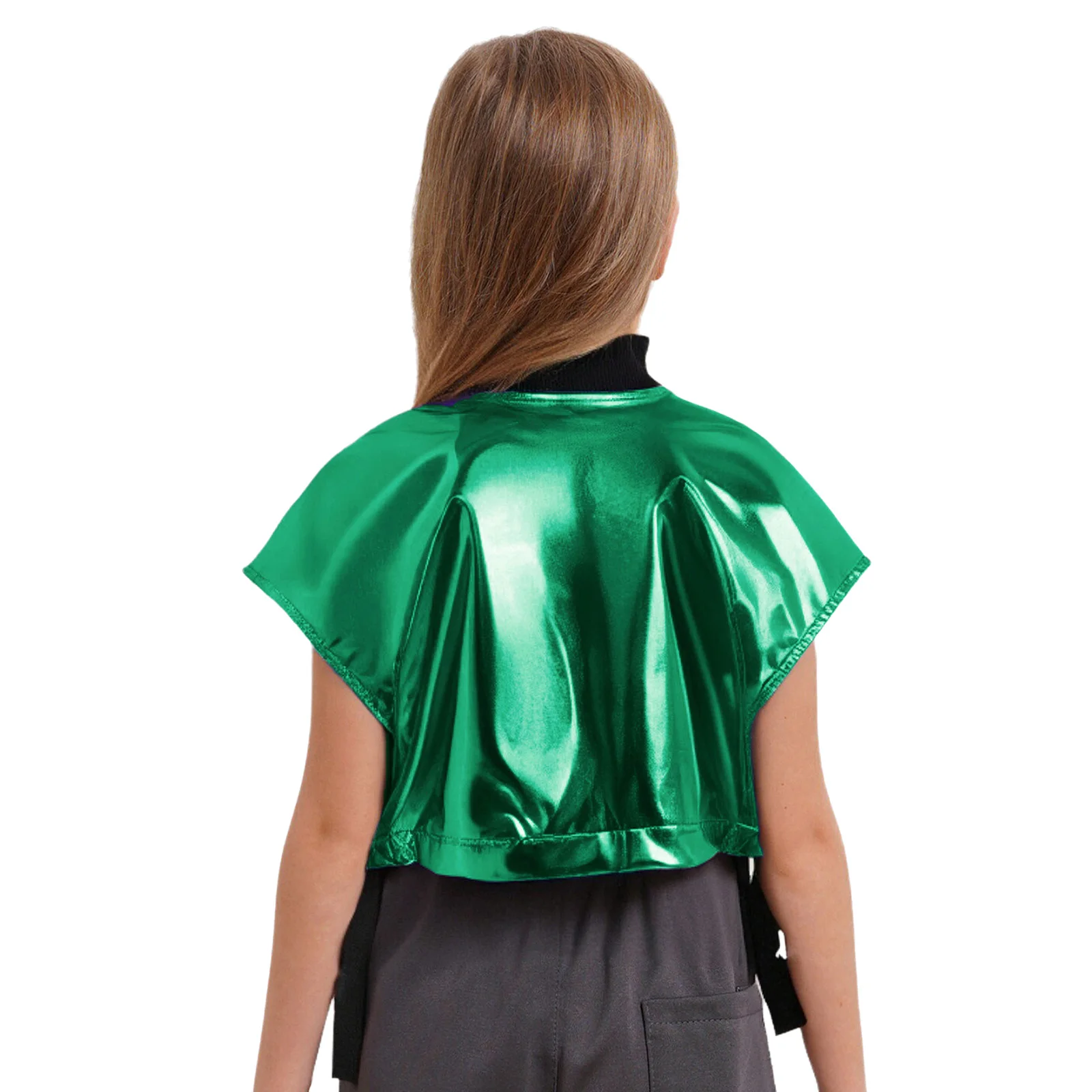 Girls Metallic Shiny Jazz Hip Hop Dance Vest Jacket Streetwear Sleeveless Zipper Coat with Buckle Pockets for Stage Performance