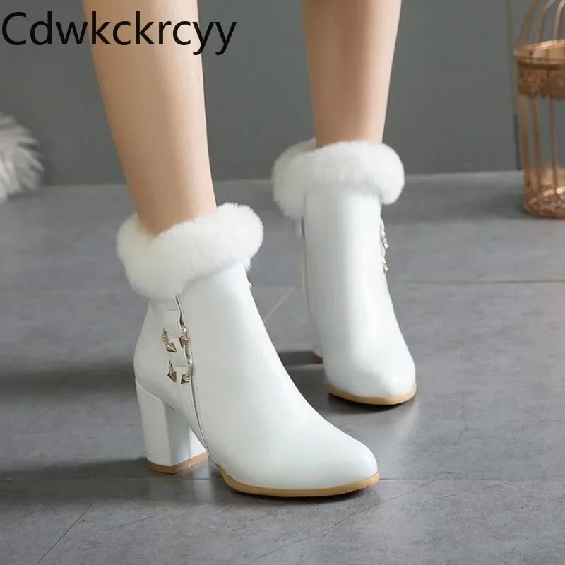 winter The New Rabbit hair fashion Round head Thick with 8CM boots white Plus velvet Keep warm High heel Women boots