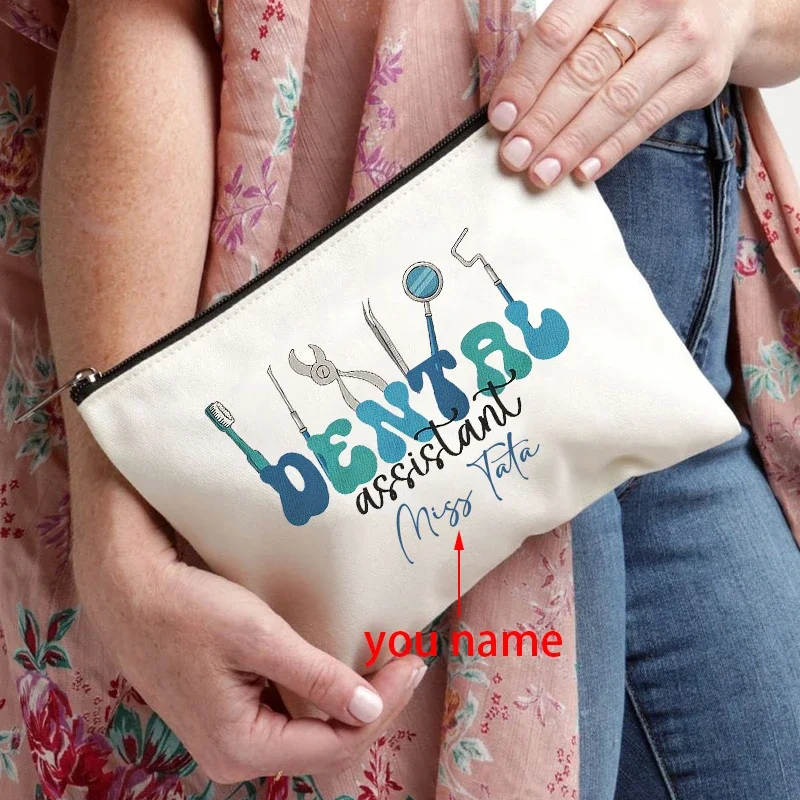 Teeth Pattern Name Custom Canvas Storage Pouch Travel Lipstick Cosmetic Bag Wallet Office Supplies Pencil Case Gift for Dentists