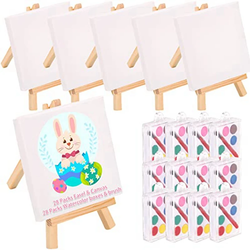 28 Pack Mini Canvas And Easel Set With Mini Watercolor Paint For Painting, 4X4 Inch Small Canvases For Painting