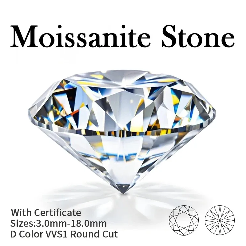 Piedra de moissanita de corte redondo, piedra suelta de moissanita certificada, Color D, Vvs1, 0,1 CT-12CT GRA, para fabricación