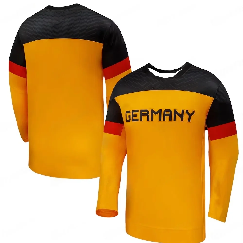 

Germany National Team Ice Hockey Jersey Yellow Black Red Color Block IIHF World Championship Shirt