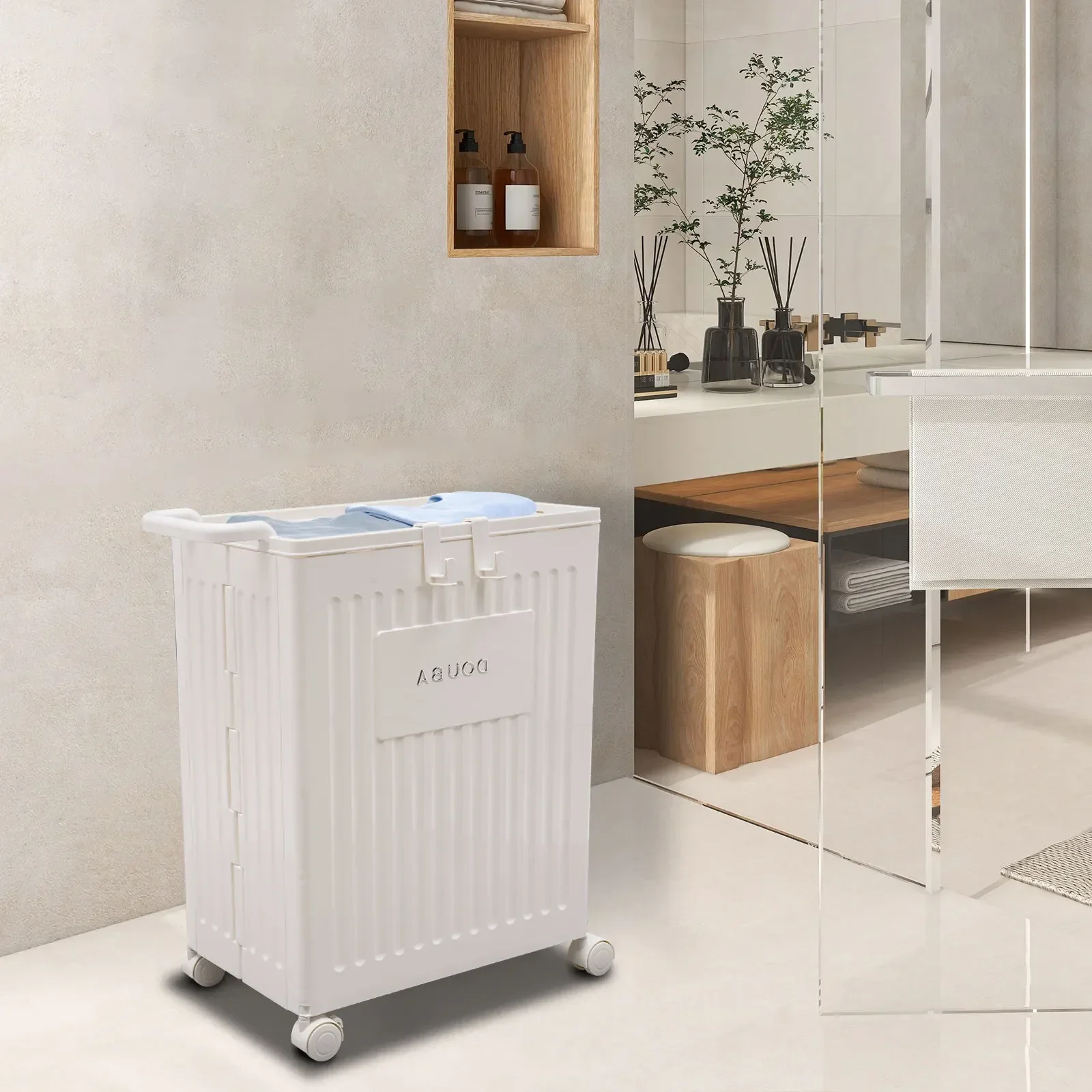 

Складной контейнер для хранения с колесами и крышкой, 39x25x52.5см, современный белый органайзер из полипропилена, многофункциональный складной контейнер для хранения