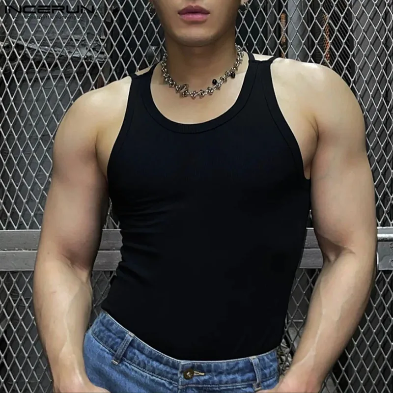 

INCERUN мужские майки однотонные с круглым вырезом без рукавов летние вязаные повседневные мужские жилеты 2025 модная обтягивающая мужская одежда S-5XL сексуальная