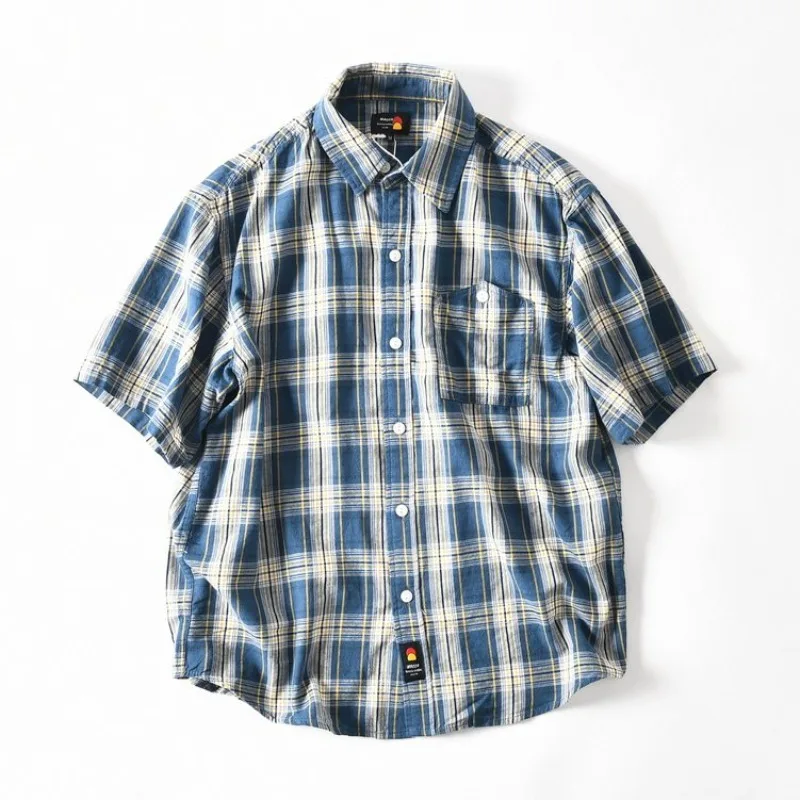 

American Retro 100% Cotton Trendy Plaid Short-Sleeve Shirt for Men - Summer Lightweight Loose-Fit Casual Check Workwear Shirts