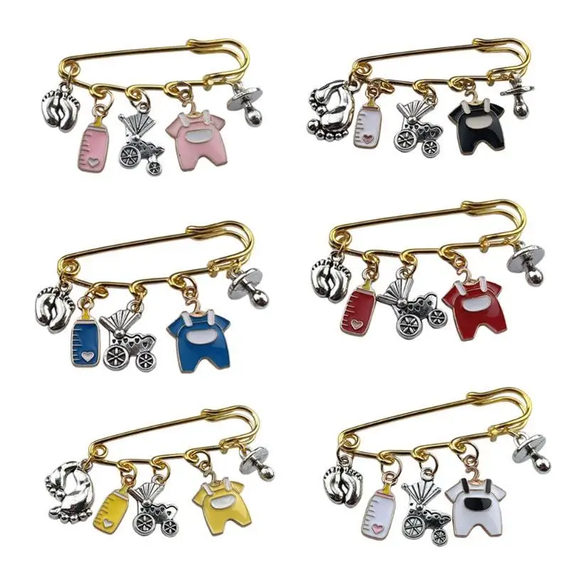 New Baby Arrival Charm Safety Pin Brooch Foot Bottle Stroller Dummy Enamel Pins Gender Reveal Shower Gift Clothes Bag Decorativ