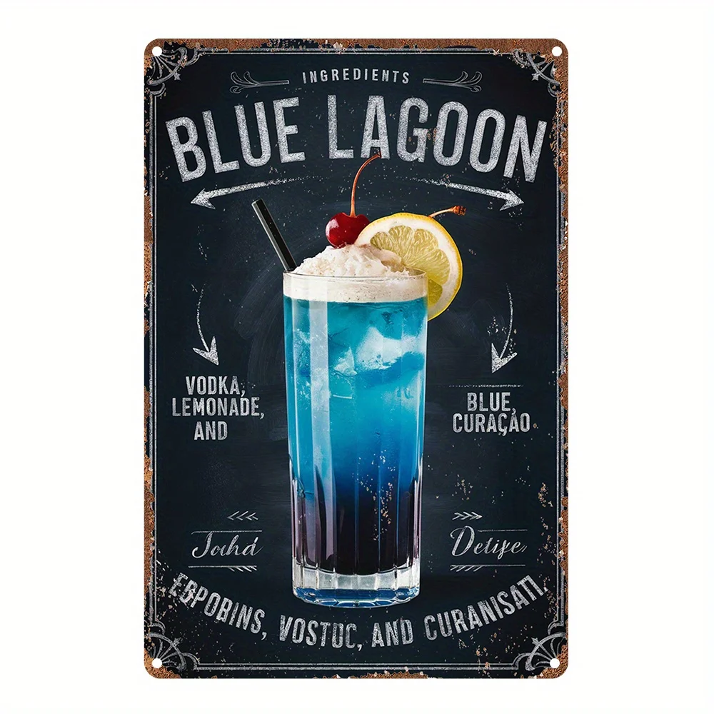 2D Flat - 1pc Vintage Blue Lagoon Cocktail Aluminum Sign | 2D Wall Art Decor, Retro Style Poster Plaque For Bedroom, Kitchen, Ga