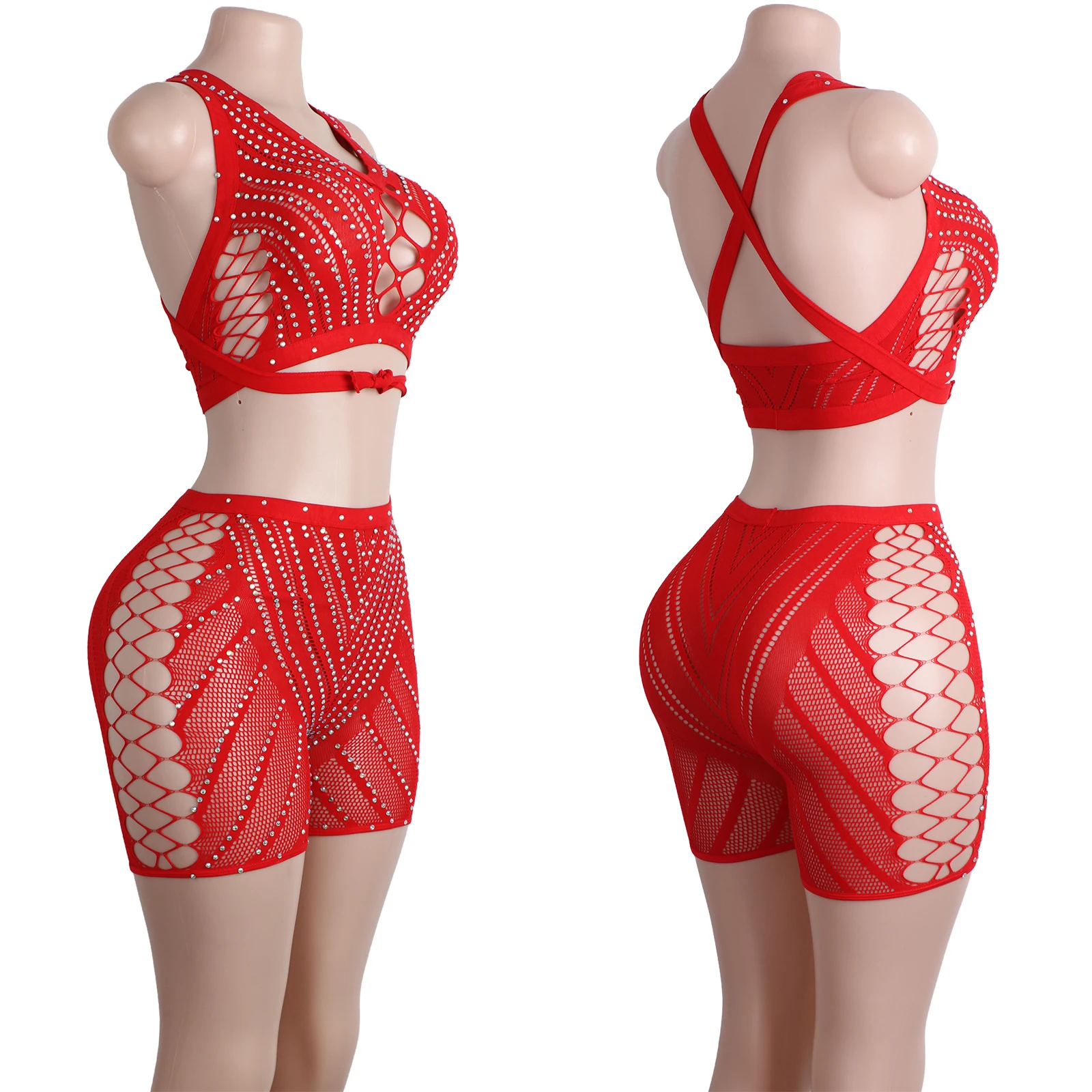 

Exotic Dancewear Stripper Outfit Shorts Fishnet Rhinestone Striped Set Performance Stage Bodysuit Women Club Lingerie One-Piece
