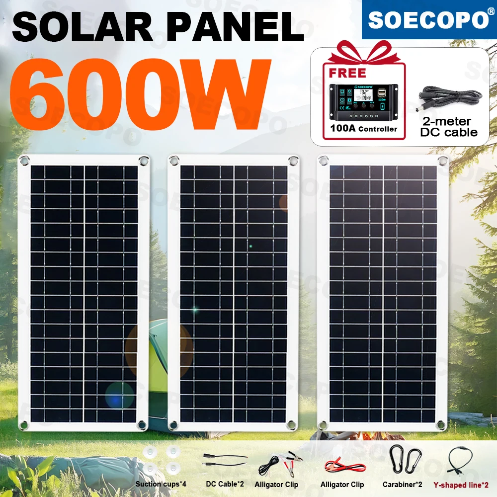 SOECOPO 600W Free 100A Controller Solar Panel Set 3*200W Portable Photovoltaic Panels USB 5V Perfect for Camping Equipment Home
