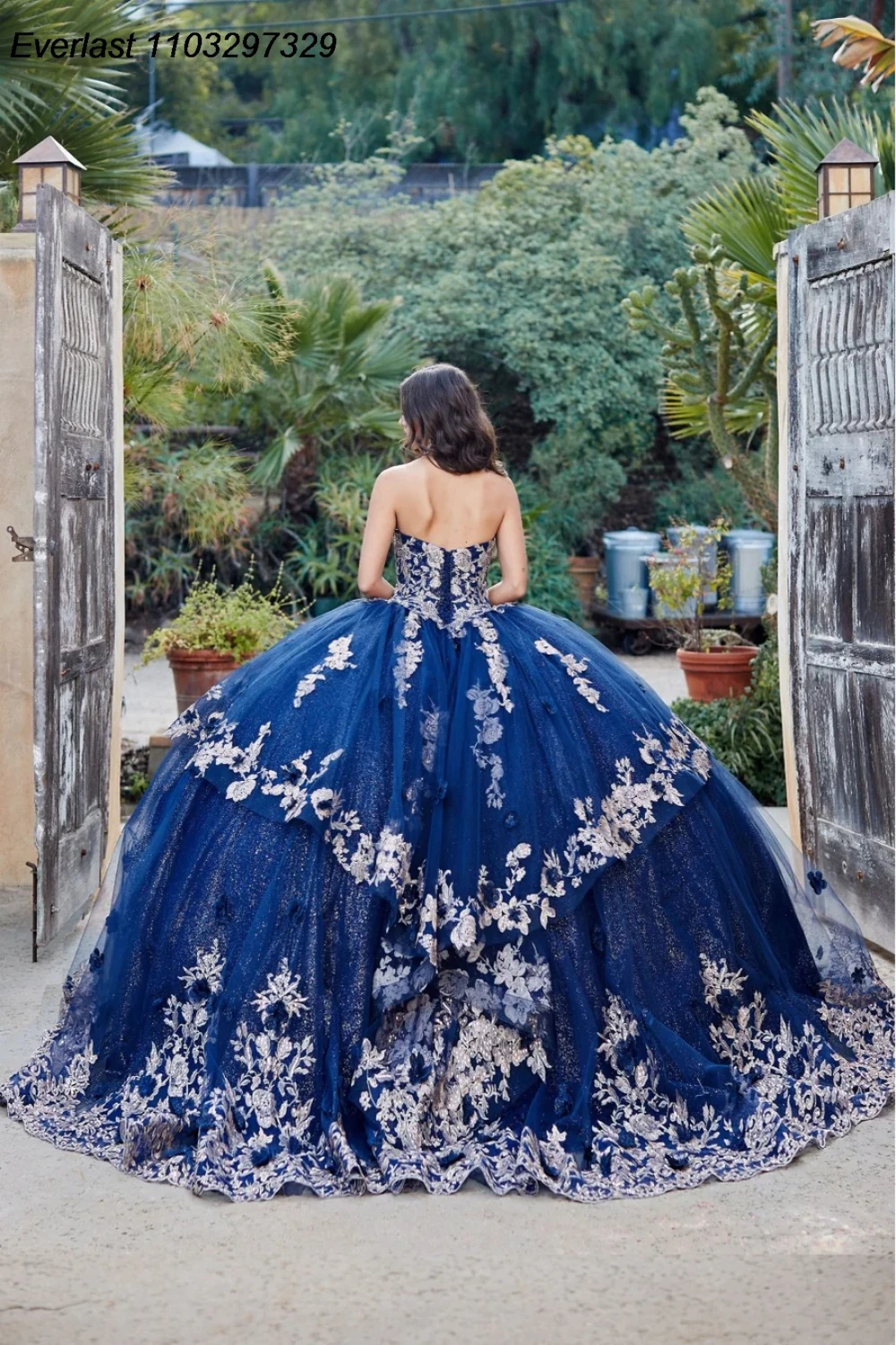 EVLAST Customized Navy Blue Quinceanera Dress Ball Gown Gold Lace Applique Beading Corset Sweet 16 Vestidos De XV 15 Anos TQD637
