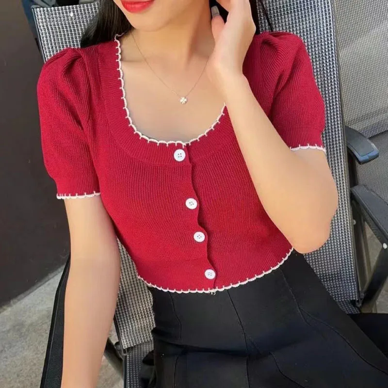 Boring Honey Retro Square Collar Knitted Fashion Women Blouses Colour Matching Lace Short Sleeve Single-Breasted Women's T-Shirt