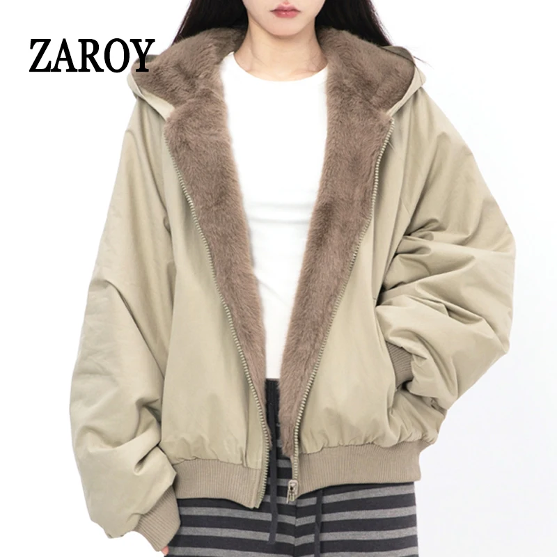 ZAROY Women Winter Jacket Double-Sided Wear Coat Casual Loose Zipper Hooded Parka Thick Warm Windproof Y2K Gothic Outwear куртка