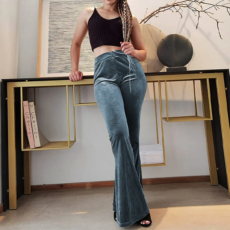Pantalon évasé en velours pour femme, élastique, taille haute, Sexy, Slim, Long, décontracté, bas à cloche, automne hiver, nouveau pantalon chaud pour femme