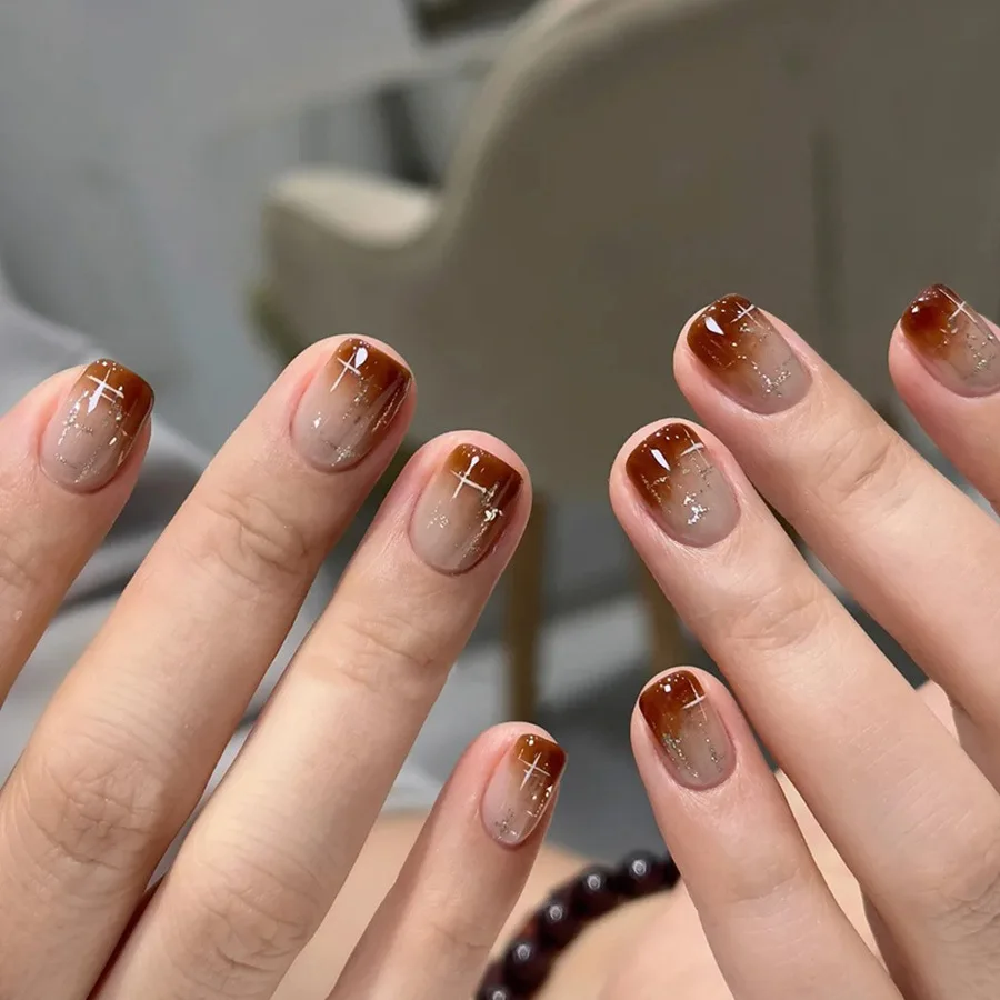 Short Medium fake nails Gradient brown red black silver Sparkling glitter design french Square nail tips press on false nail set