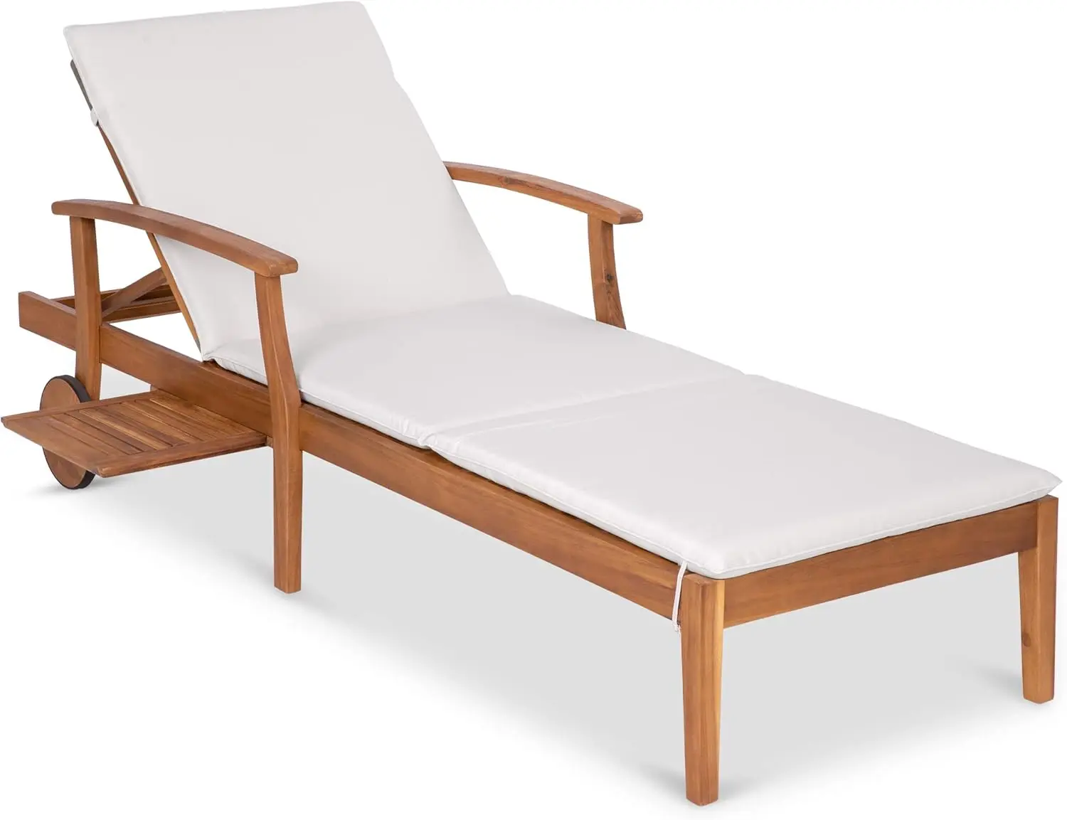 79x26in Acacia Wood Chaise Lounge Chair Recliner, Outdoor Furniture for Patio, Poolside w/Slide-Out Side Table Wheels - Cream