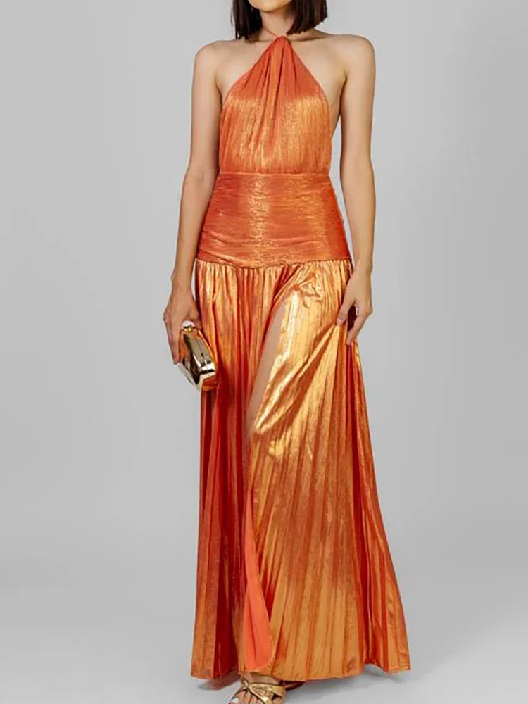 

2026 High Street Draped Ladies Dresses Sexy Sleeveless Solid Patchwork Holiday Dress, Women Halter Elegant Lacing Up Maxi Dress