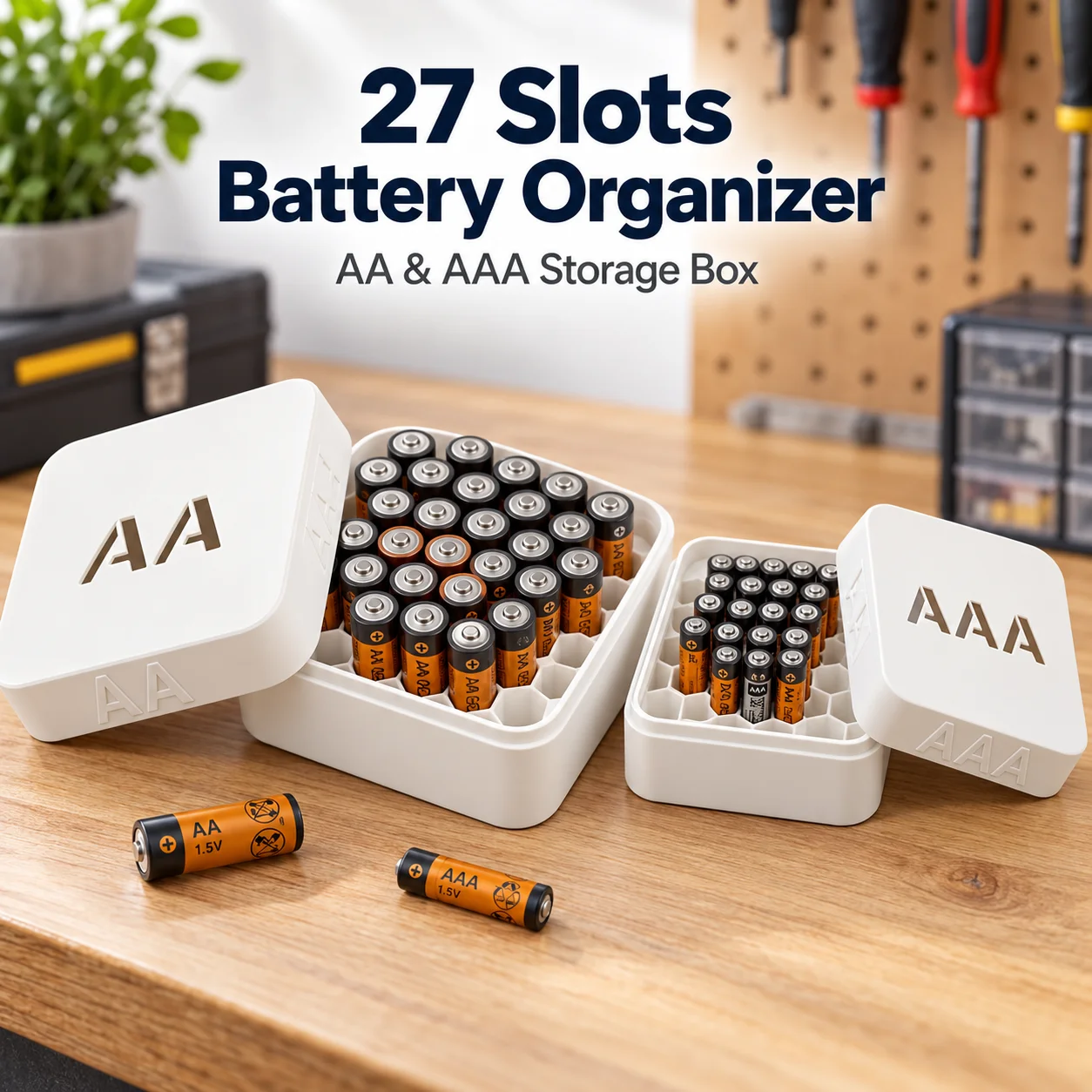 27-Slot AA AAA Battery Storage Box with Lid Honeycomb Organizer Case Desktop Drawer Battery Holder Container for Home Workshop
