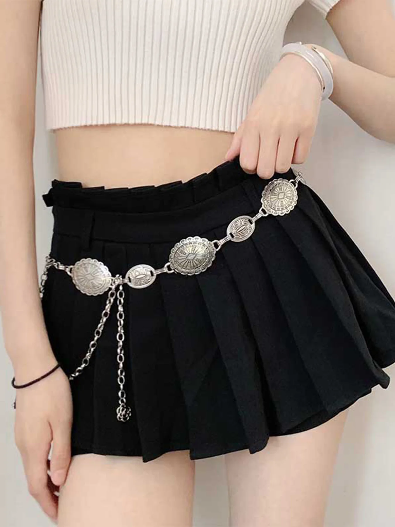 Conjunto de 1 pieza de accesorios de cadena de cintura para mujer, cinturón de cadena de metal plateado de alta gama de estilo étnico bohemio retro con cinturón de falda