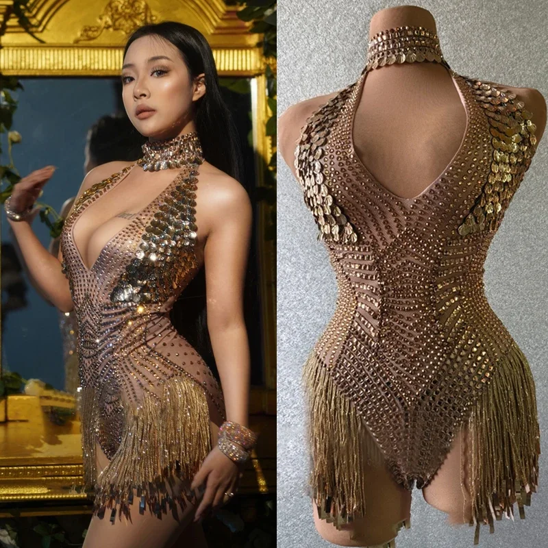 

Full Gold Rhinestones Bodysuit Sexy Big Stones Fringes Clothes Nightclub Party Gogo Dancer Costume Birthday Festival Outfit