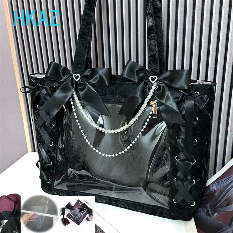 Japanese Ribbon Bow Beaded Cute Handbag Black White Fashion Versatile Sweet Girls Cosmetic Bag Large Capacity Shoulder Bags
