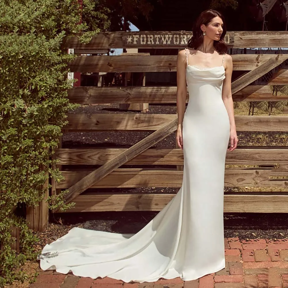 

Cowl Neck Bridal Wedding Dresses Spaghetti Strap Buttons Backless Modern Mermaid Long Train Lace Brides Gown Customized