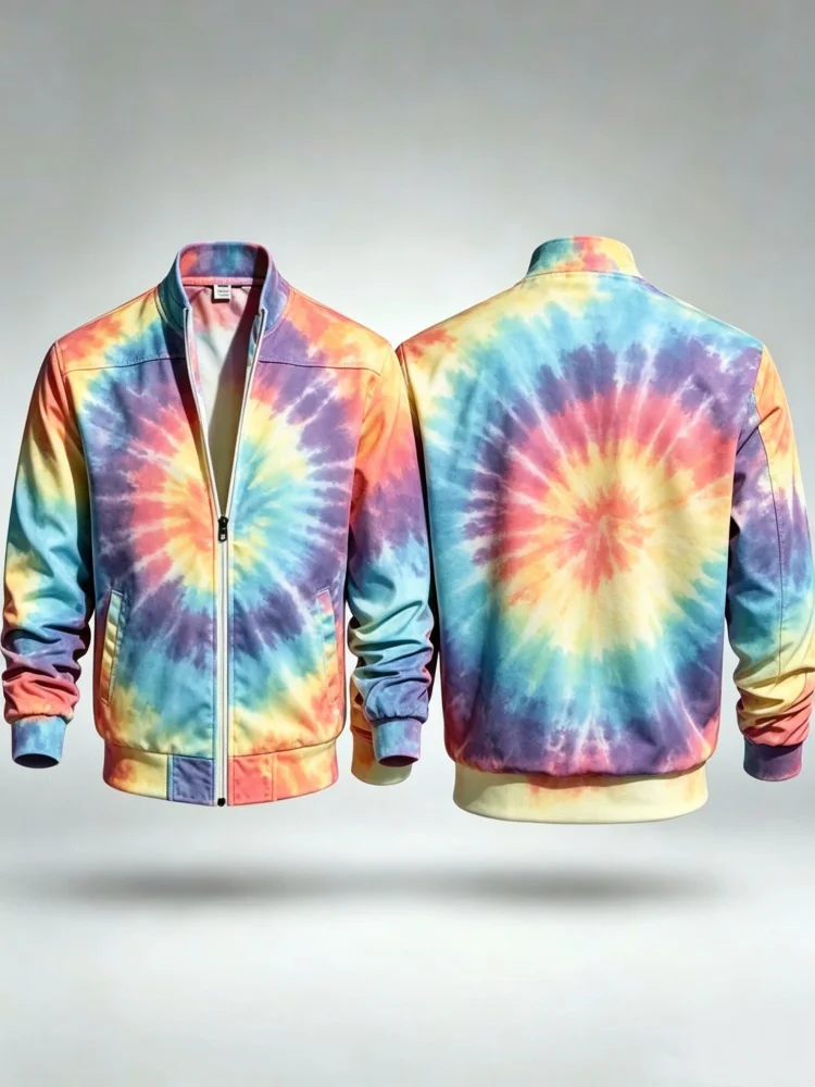 Men Slim Stand Collar Zip Bomber Jacket With Pockets Rainbow Swirl Tie Dye Hippie Street Casual Coat