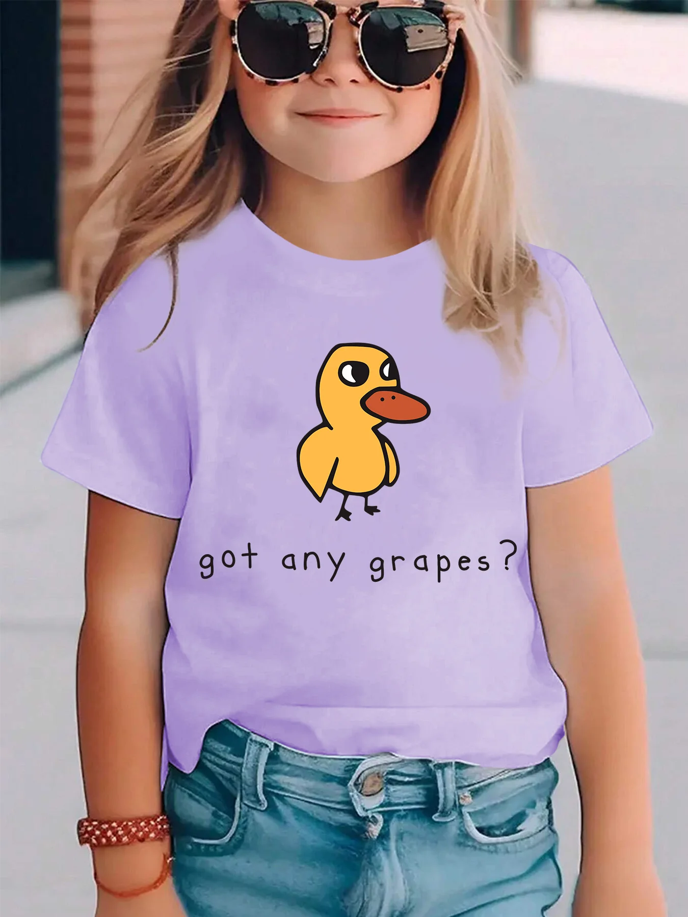 Summer Fashion Girls' Round Neck Short Sleeve COTTON T-Shirt GOT ANY GRAPES Yellow Duck Print Casual Versatile Top Girl Clothes