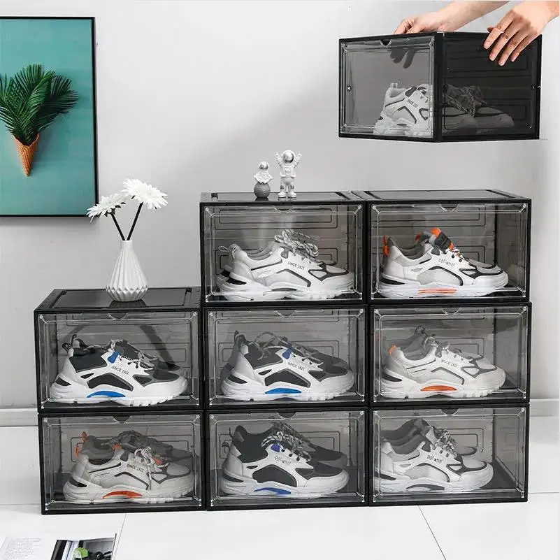 1 Pcs Magnetic Hard Plastic Transparent Front Opening Shoe Box Storage Thickened Rack Shoe Cabinet Side Opening