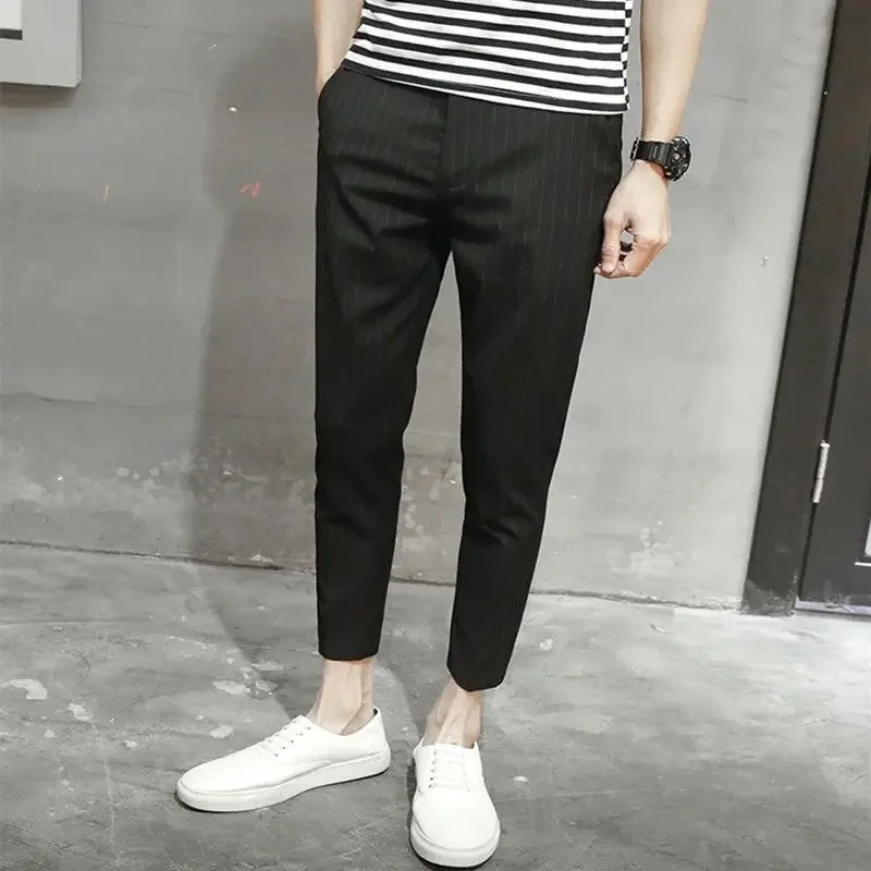 

Men's Suits Pants Office Striped Slim Fit 9 Cropped Male Suit Trousers Summer 2025 Spring Clothes Chinese Homme Korean Style Up