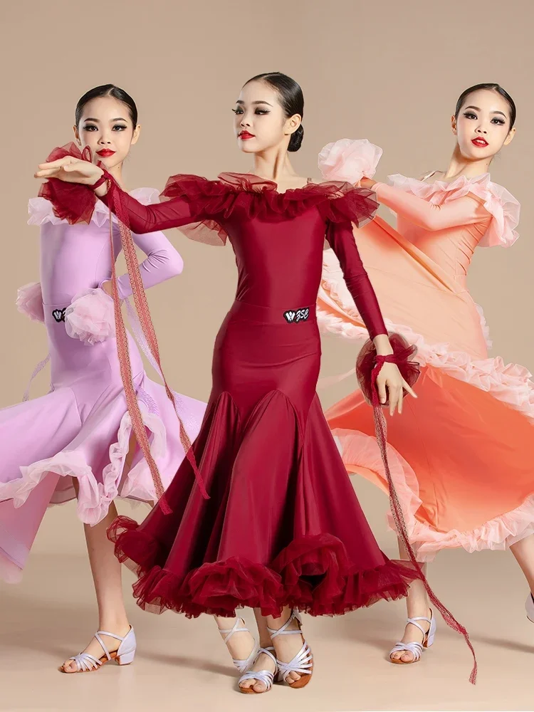 Skirts Suit Girls Ballroom Dance Competition Dress New Children'S National Standard Dance Clothes Long Sleeved Big Swing