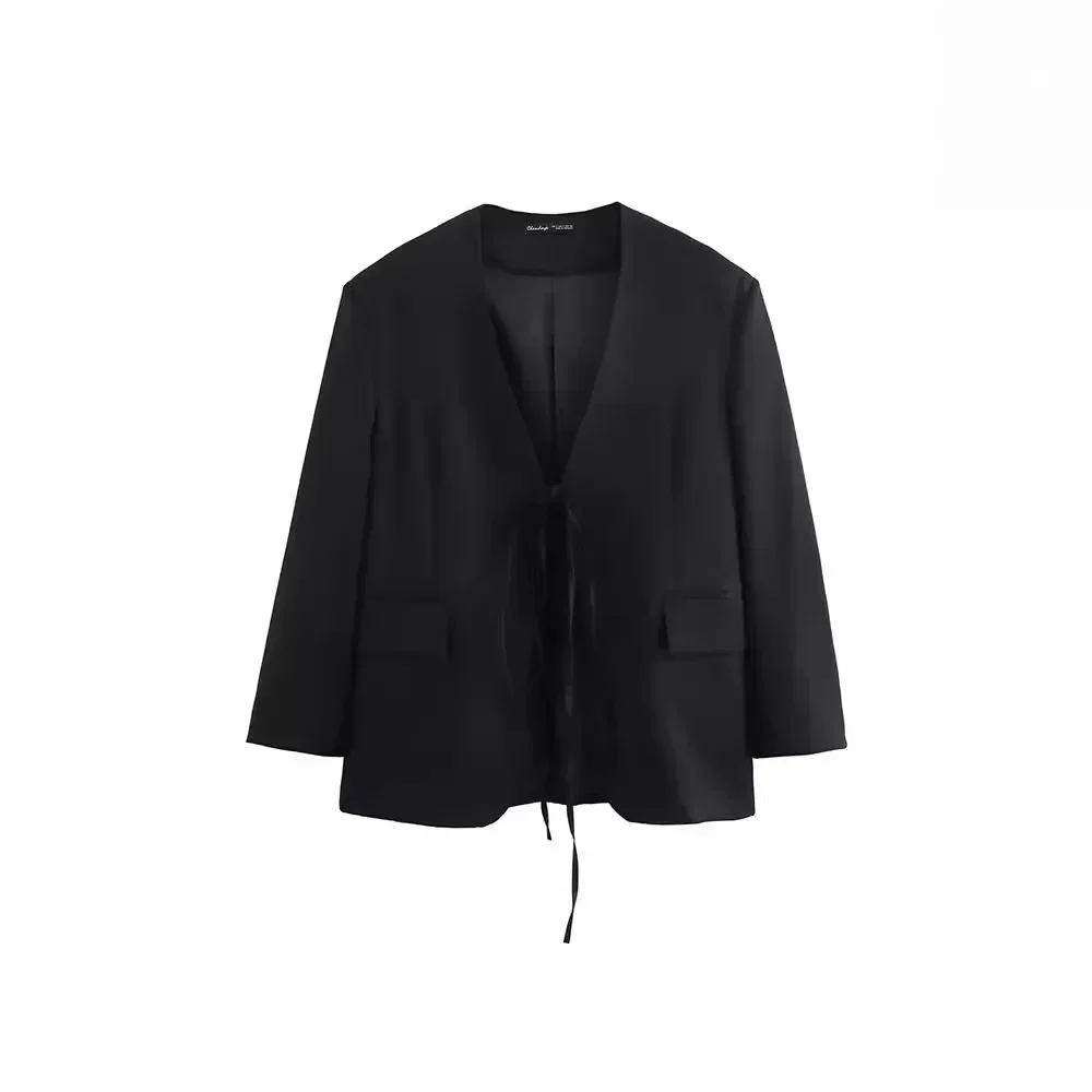 2024 streetwear feminino outwears casual oversized preto blazer feminino com decote em v laço bolsos jaquetas soltas moda