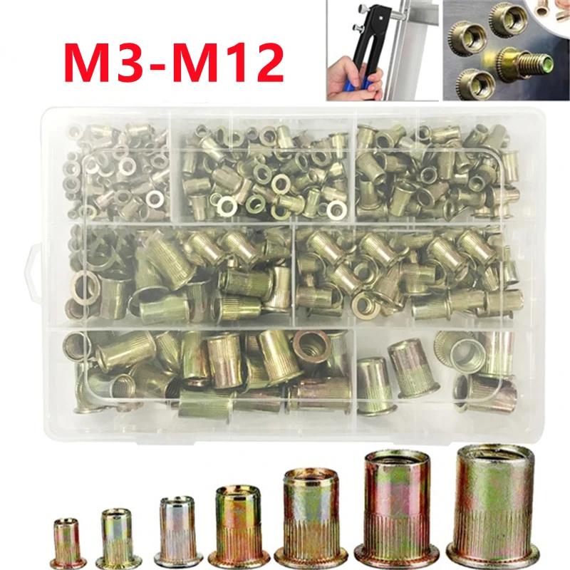 

90/220/300 шт. M3 M4 M5 M6 M8 M10 M12 плоская заклепка гайка метрическая резьба вставные гайки углеродистая сталь металлические заклепки стопорная фиксирующая зажимная гайка